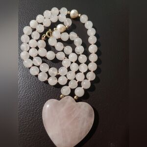 Vintage Rose Quartz beaded pearl and 14k necklace with heart center